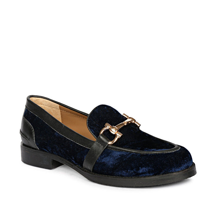Best Women's Saint Cinzia blue velvet moccasins, front three-quarter view — Ladies shoes UK