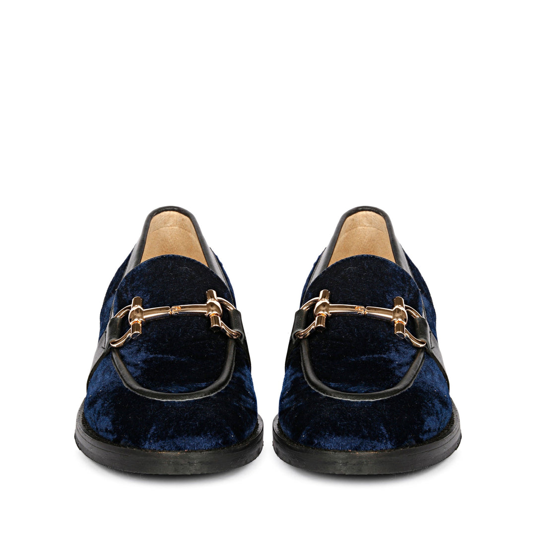 Best Ladies Saint Cinzia blue velvet moccasins, front pair view with gold horsebit trim — Women's shoes UK