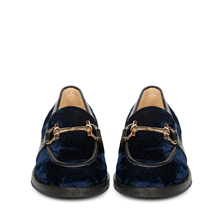 Best Ladies Saint Cinzia blue velvet moccasins, front pair view with gold horsebit trim — Women's shoes UK