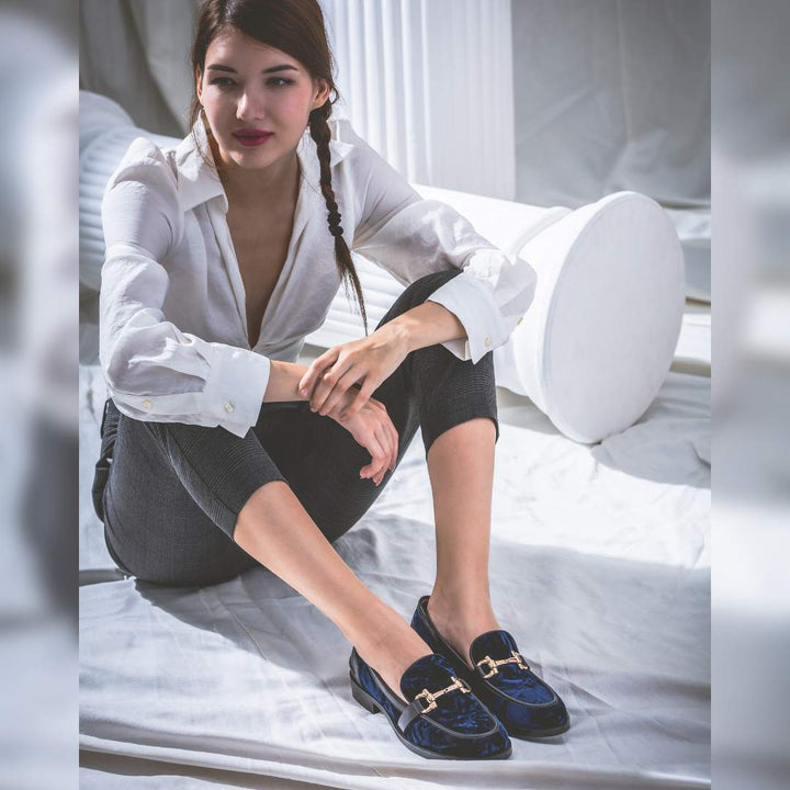 Ladies Saint Cinzia blue velvet moccasins, alternate side view — best Women's shoes UK