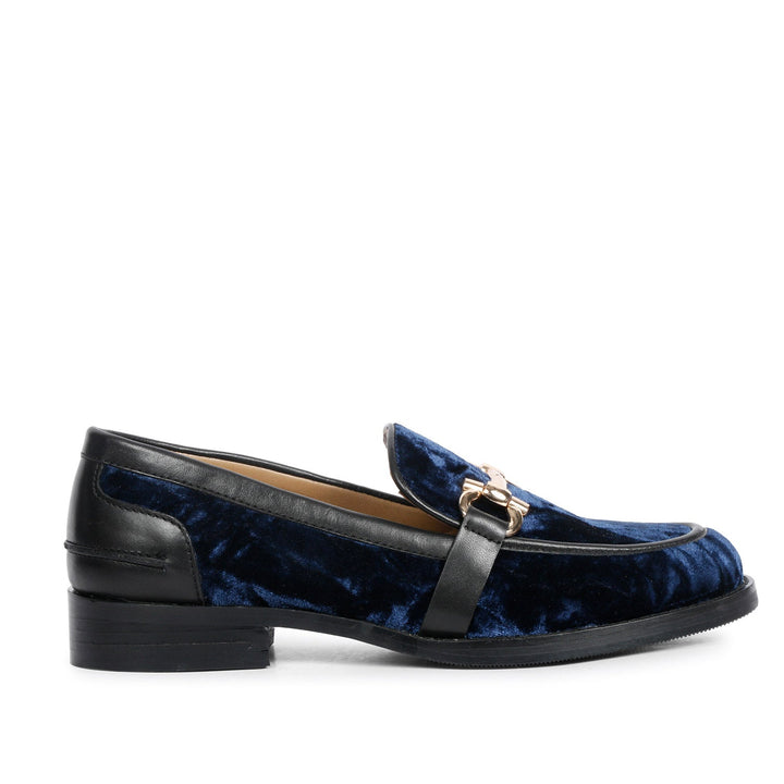 Best Saint Cinzia blue velvet moccasins, side profile view with gold horsebit — Women's shoes UK