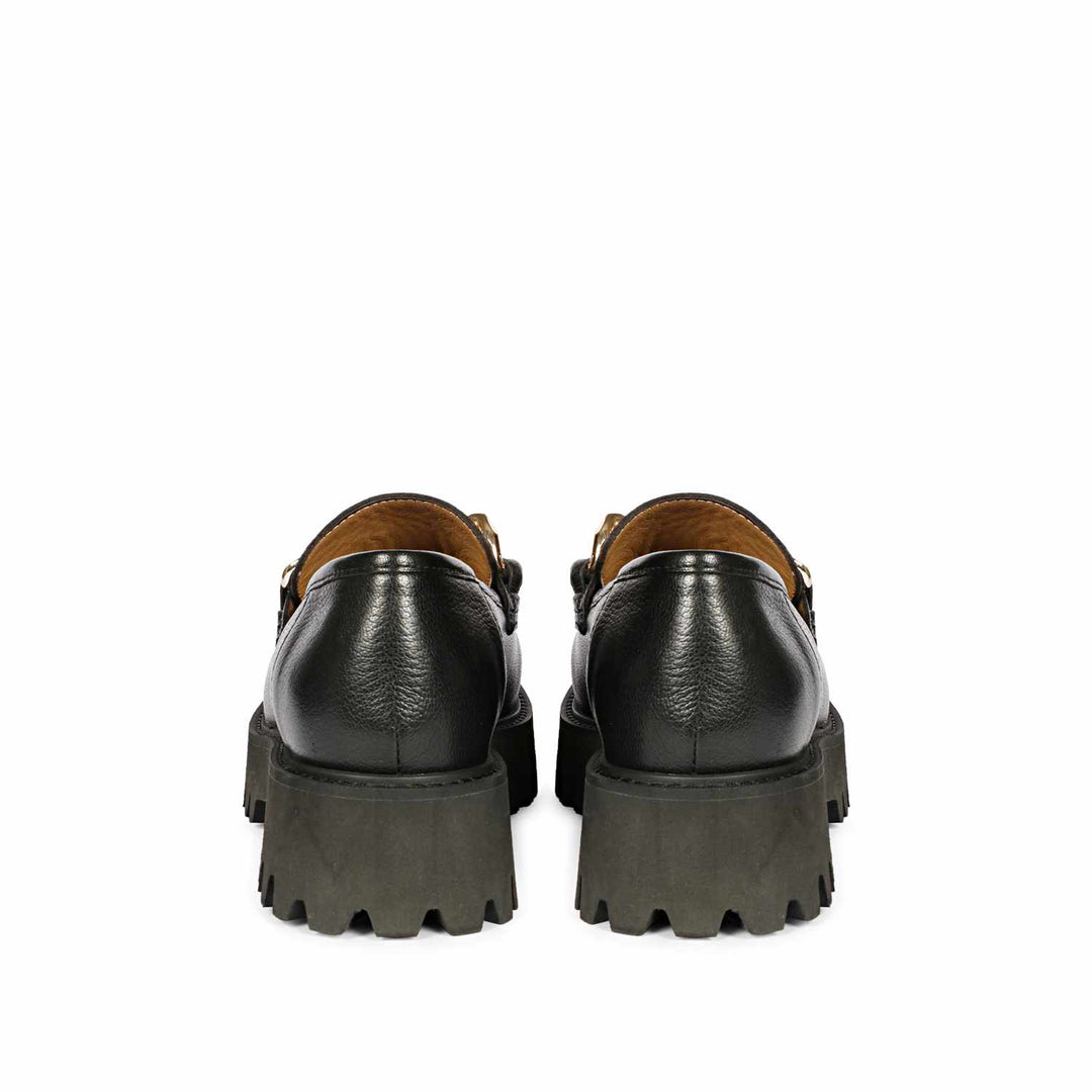 Best Women's Black Leather Chain moccasinss, Back Heel View — Ladies Shoes UK