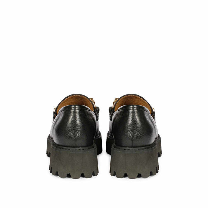Best Women's Black Leather Chain moccasinss, Back Heel View — Ladies Shoes UK