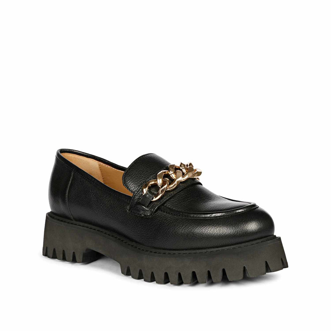 Ladies Black Leather Chunky moccasins, Angled Front View — Women's Shoes UK