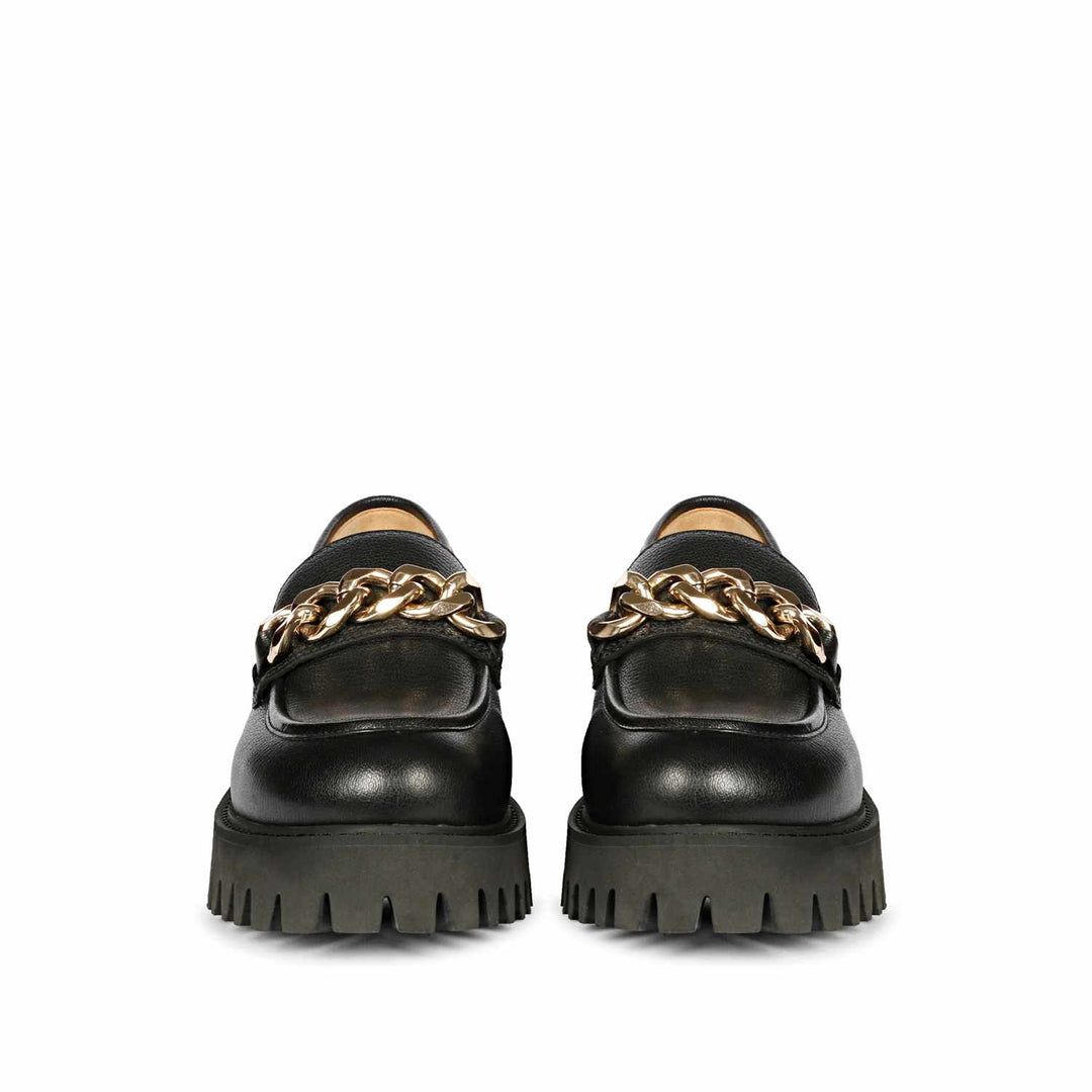 Best Ladies Black Leather Chunky moccasinss, Front View — Women's Shoes UK