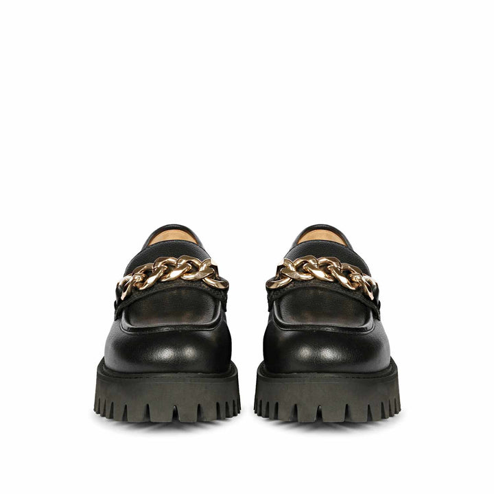 Best Ladies Black Leather Chunky moccasinss, Front View — Women's Shoes UK