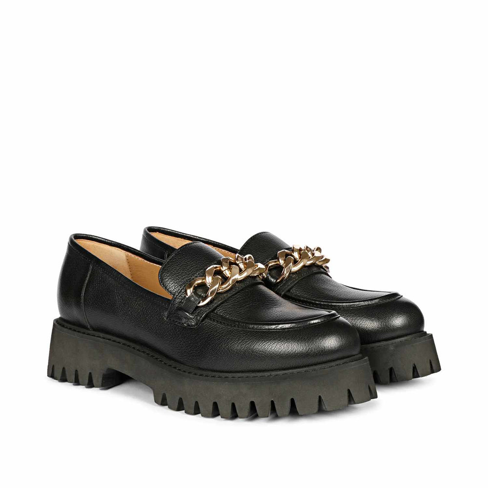 Women's Black Leather Chain moccasinss, Pair Angled View — Best Ladies Shoes UK