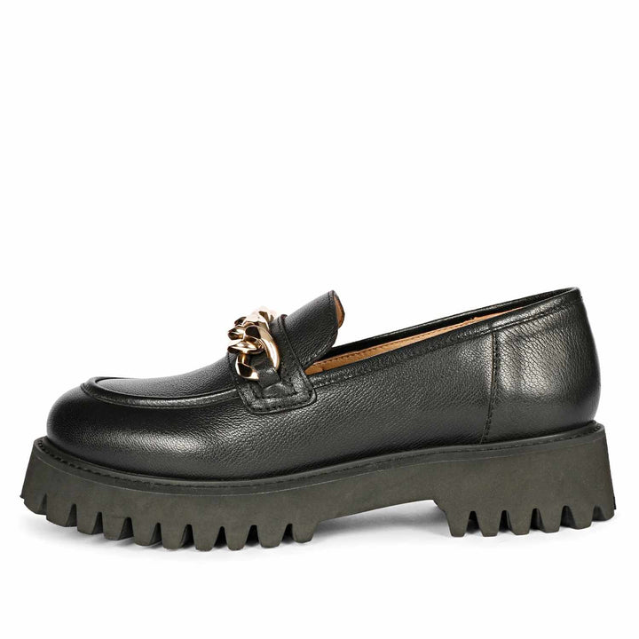 Women's Black Leather moccasins, Full Side Profile View — Best Ladies Shoes UK