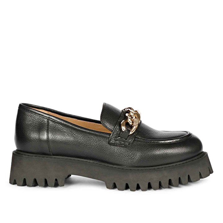 Best Women's Black Leather Chunky moccasins, Side View — Ladies Moccasins UK