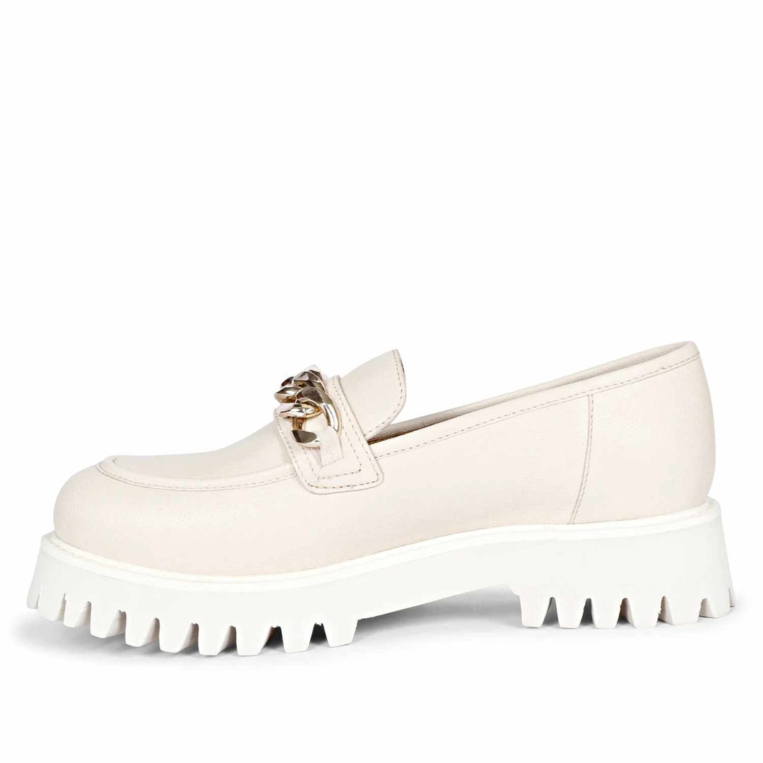 Best Ladies Off-White Leather moccasins, Side View, Platform Sole — Women's Shoes UK