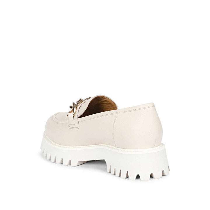 Ladies Cream Leather Chain moccasins, Back Angled View — Women's Shoes UK