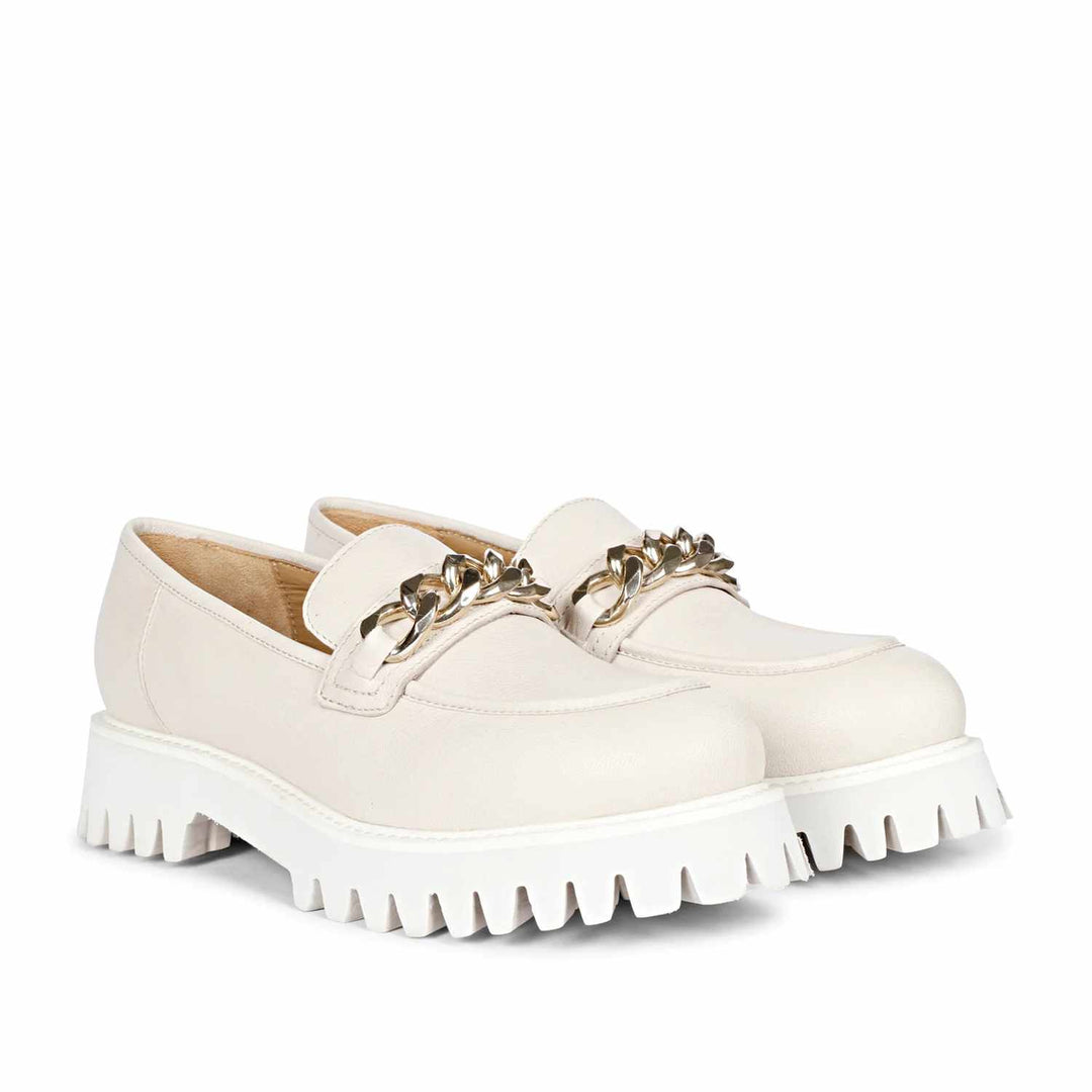 Best Women's Off-White Leather Chunky moccasins, Pair Front View — Ladies Moccasins UK