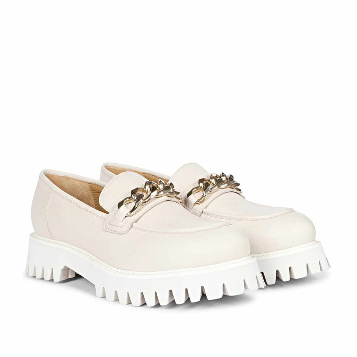 Best Women's Off-White Leather Chunky moccasins, Pair Front View — Ladies Moccasins UK