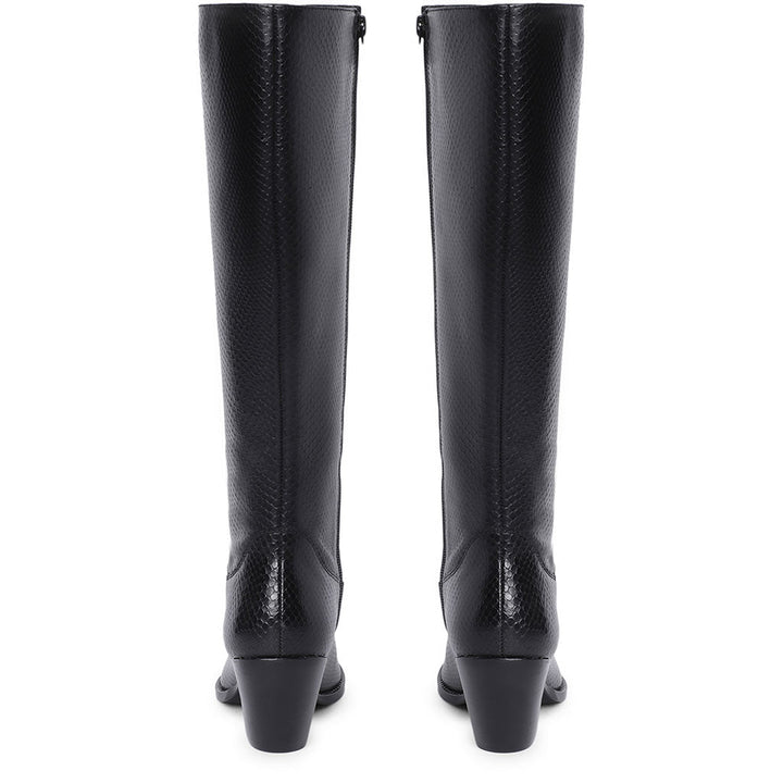 Saint Clochette black leather knee high boots, back pair view showing angled heel