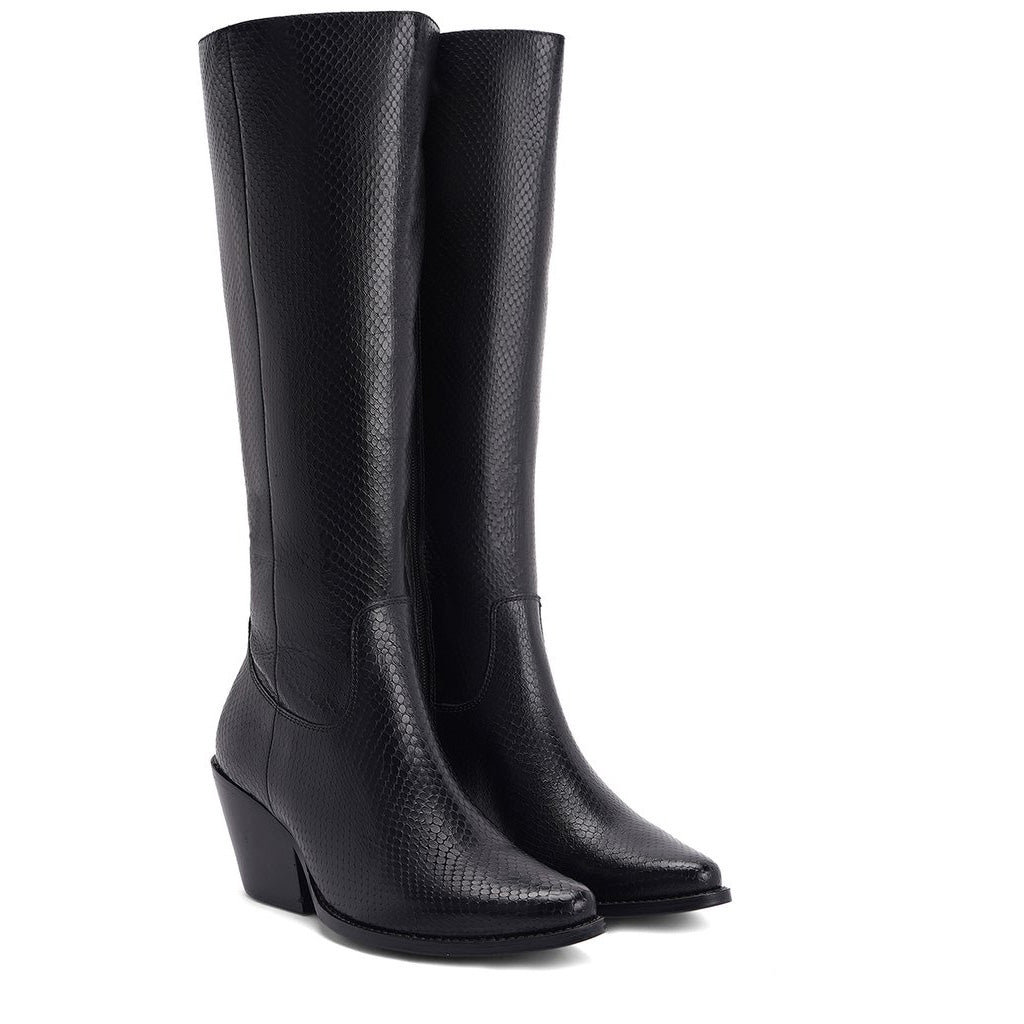 Black leather knee high boots for women UK, pair view showing snake embossed texture