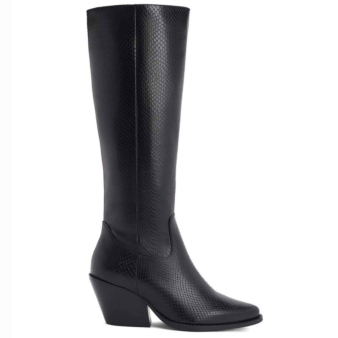 Saint Clochette snake embossed black leather knee high boots for women, side view of angled heel