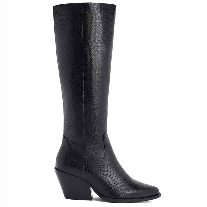 Saint Clochette snake embossed black leather knee high boots for women, side view of angled heel