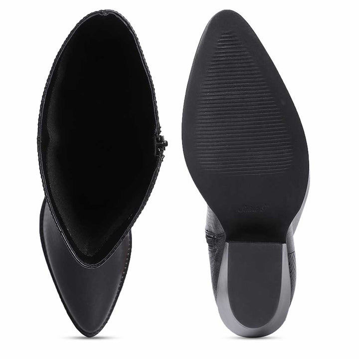 Saint Clochette snake embossed black leather boots, interior and sole view
