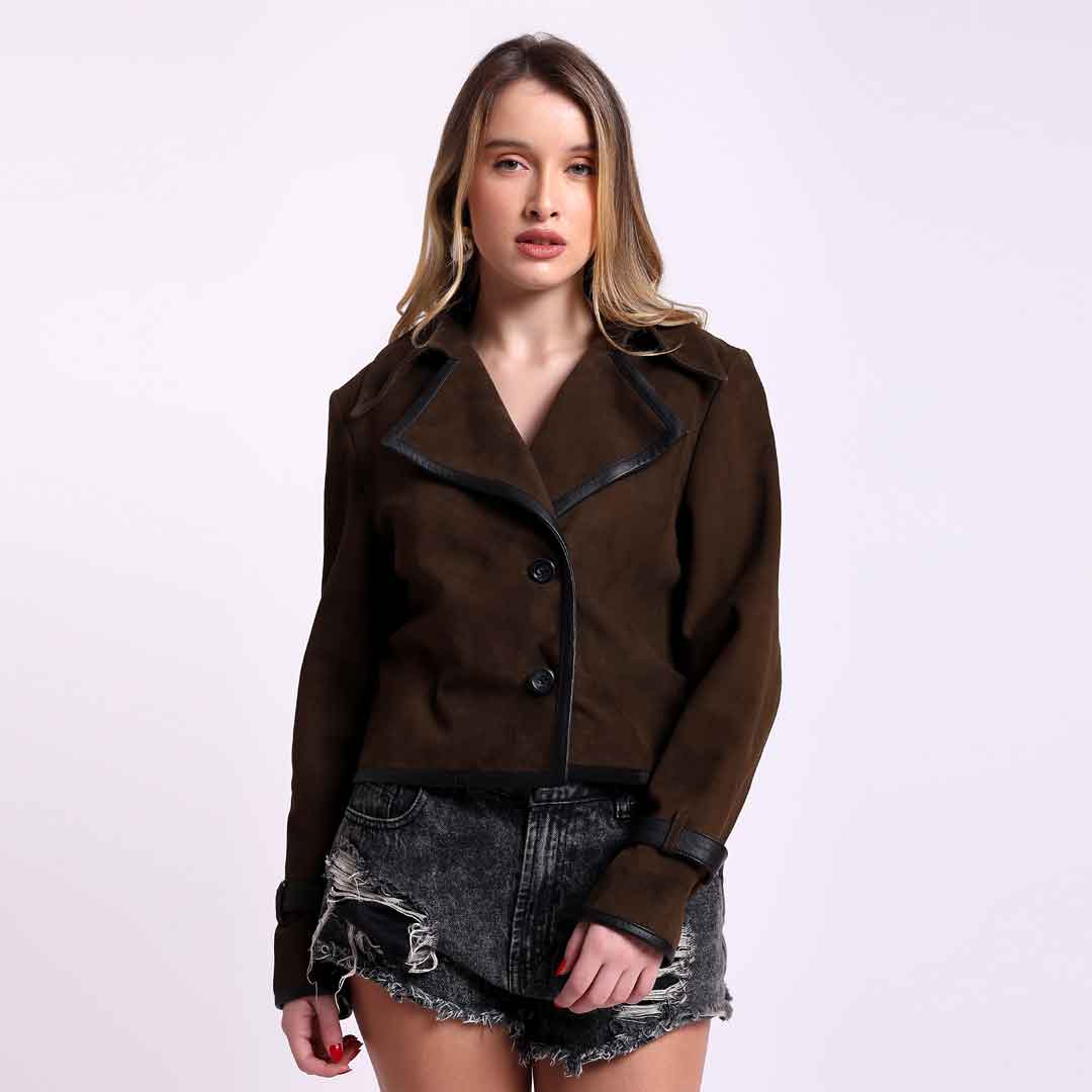 Saint Cloe brown suede spread collar jacket UK, front view with button closure