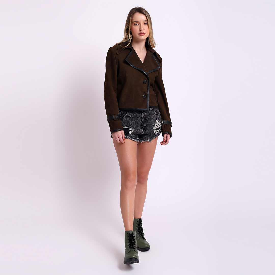 Women's brown suede spread collar jacket UK by Saint Cloe, styled full-length lifestyle shot