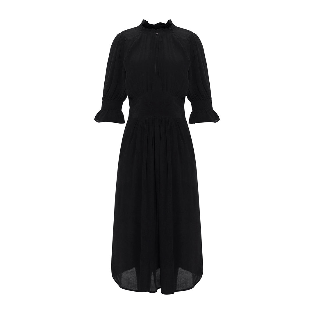Saint coal black solid viscose midi dress for women UK, shown flat with keyhole neckline.