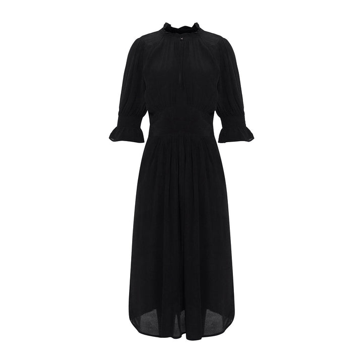 Saint coal black solid viscose midi dress for women UK, shown flat with keyhole neckline.