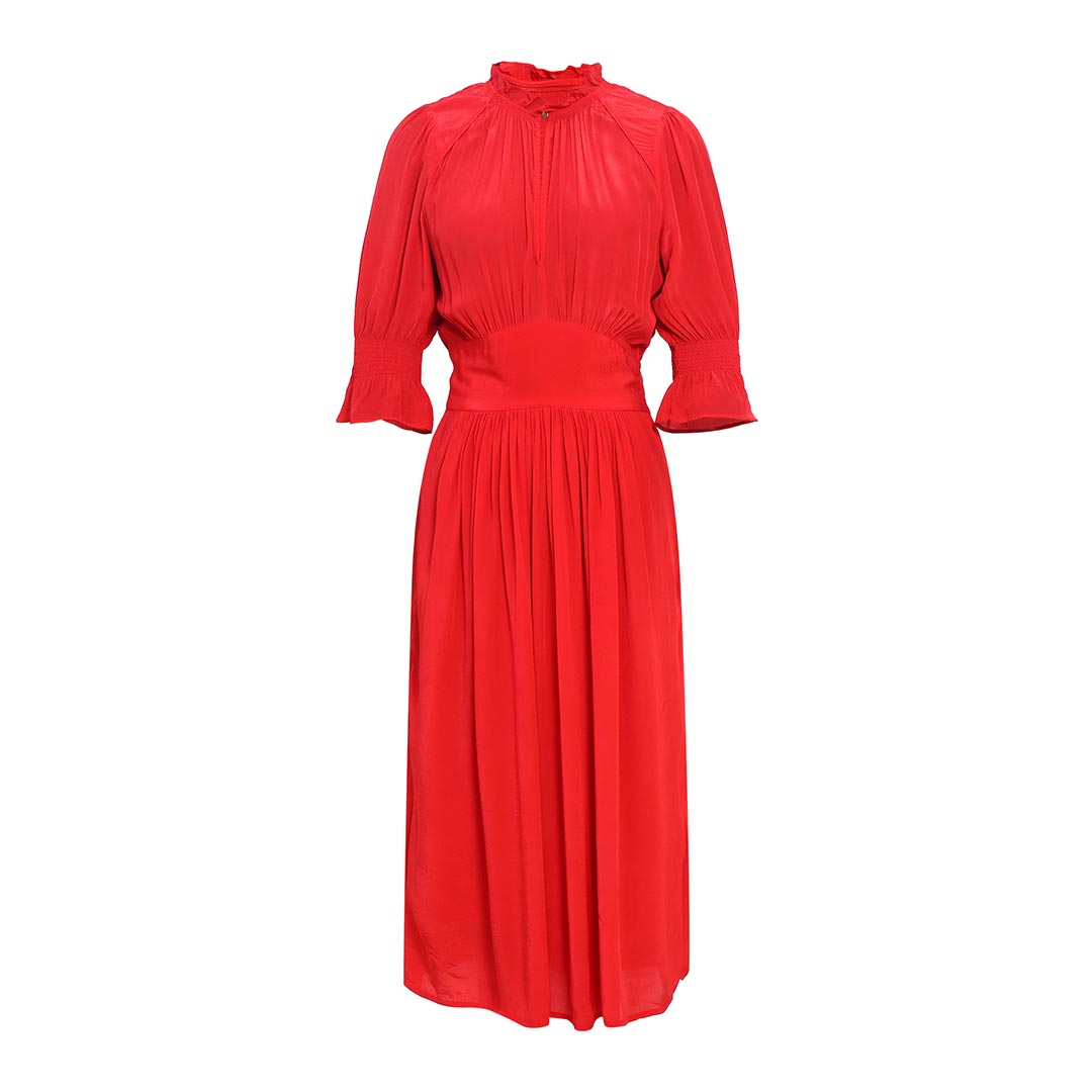 Saint crimson red solid viscose midi dress for women UK, shown flat with keyhole neckline.