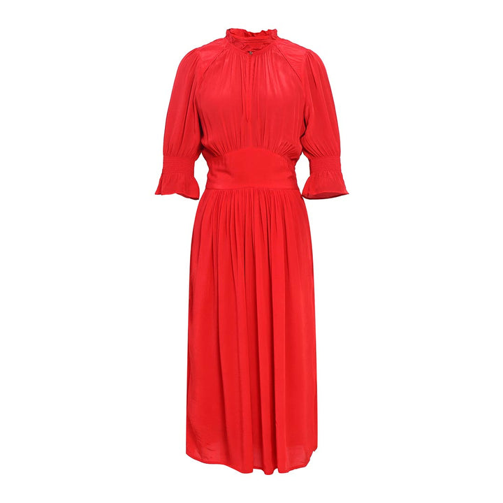 Saint crimson red solid viscose midi dress for women UK, shown flat with keyhole neckline.