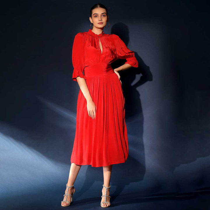 Women's crimson red solid viscose midi dress by Saint, front view showing mid-calf hem.