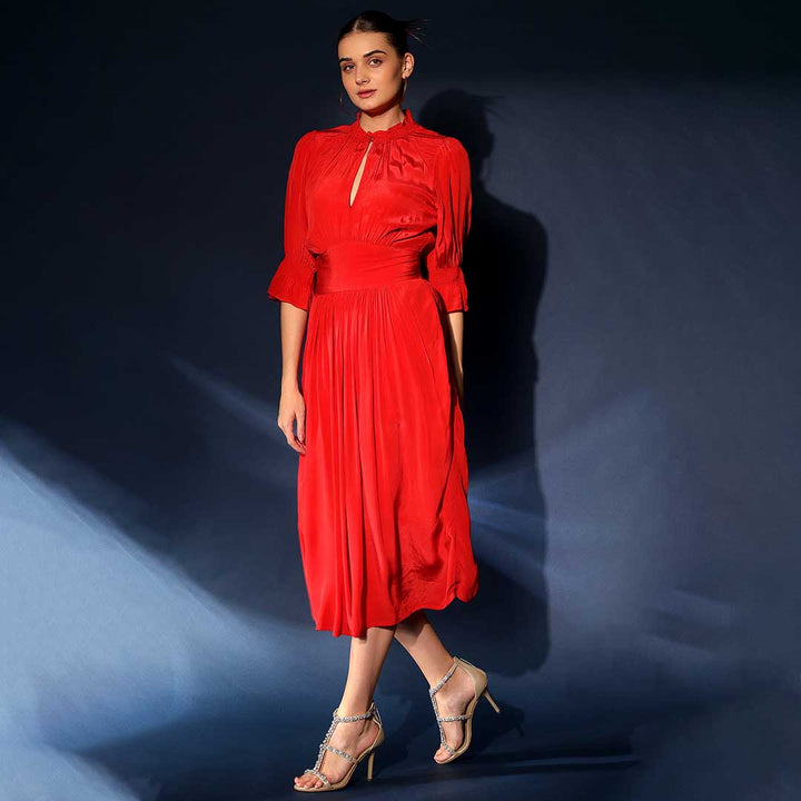 Saint crimson red solid viscose midi dress for women UK, side view.