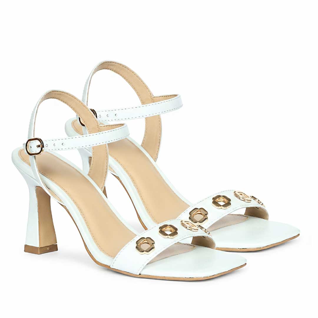 Saint Dahlia sky leather heels, pair view showing gold flower eyelets
