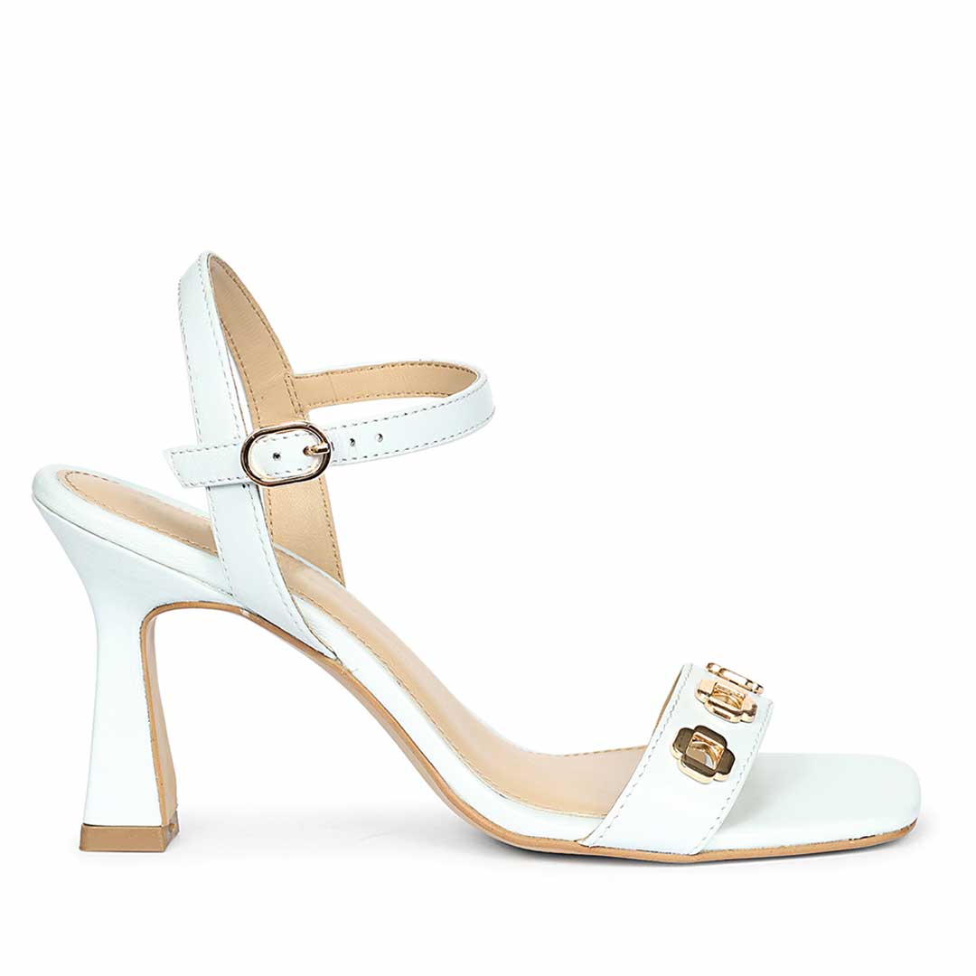 Saint Dahlia gold flower eyelets sky leather heels, side view