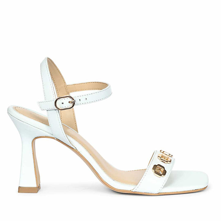 Saint Dahlia gold flower eyelets sky leather heels, side view