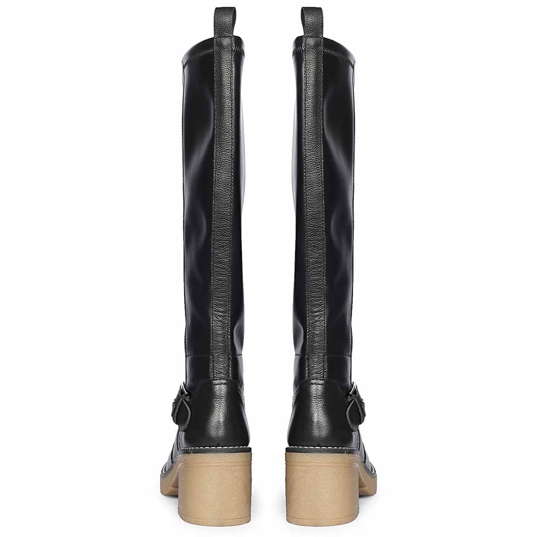 Saint Dahlia black leather long boots for women, back pair view showing chunky block heel