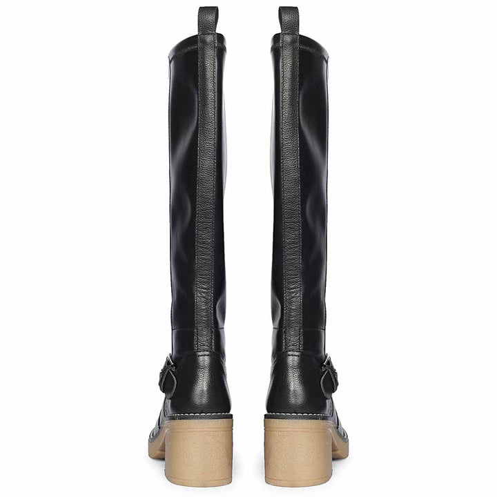 Saint Dahlia black leather long boots for women, back pair view showing chunky block heel