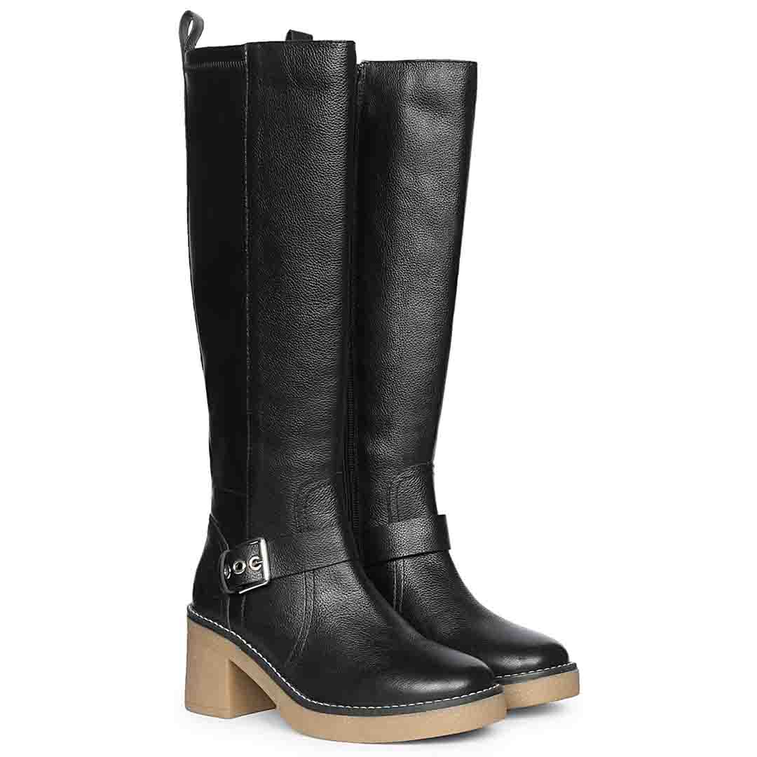Saint Dahlia black leather long boots for women UK, pair view showing silver buckle and chunky heel