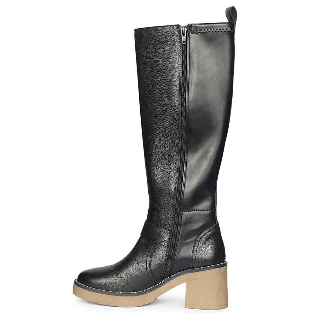 Saint Dahlia black leather long boots, side view showing zip closure and block heel