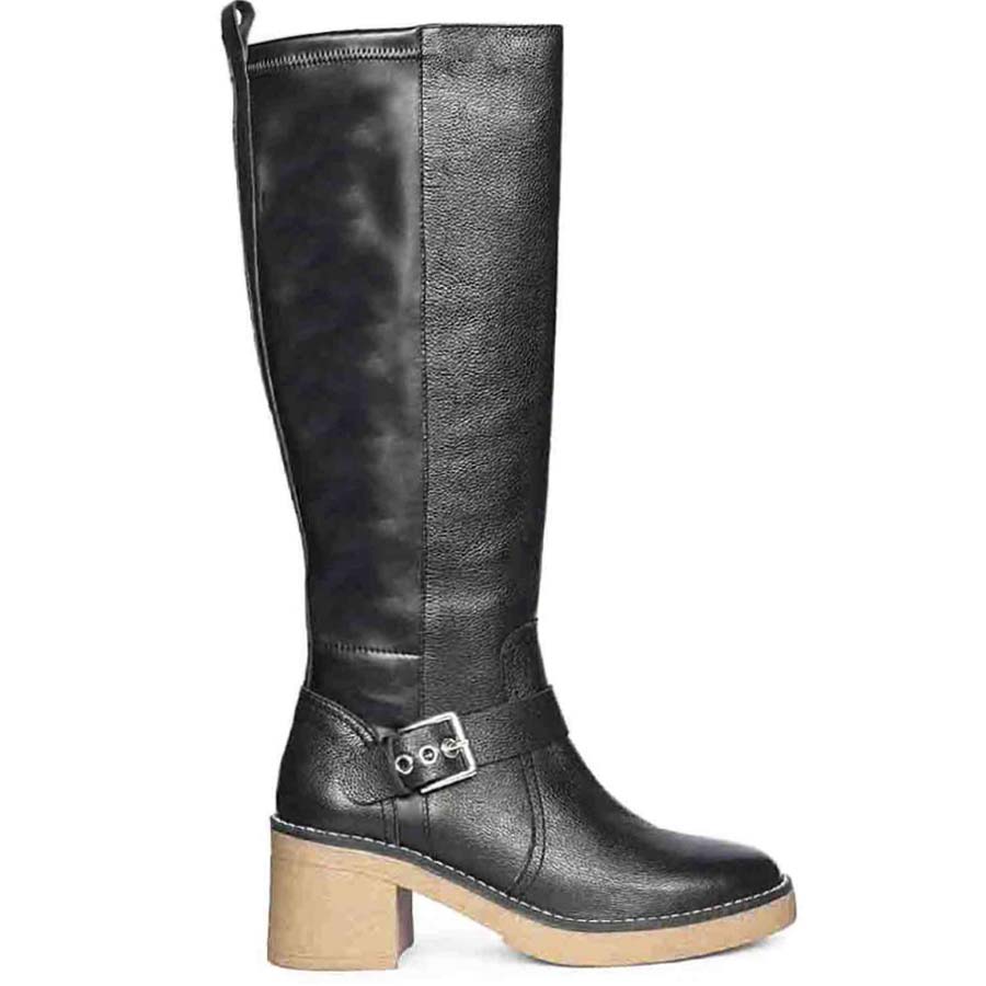 Saint Dahlia silver buckle black leather long boots for women, side view of block heel and buckle