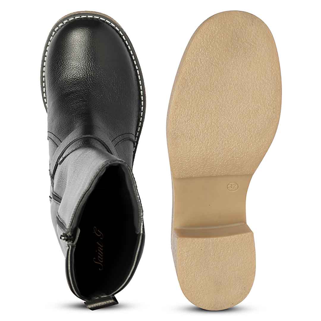 Saint Dahlia silver buckle black boots, interior and lug sole view