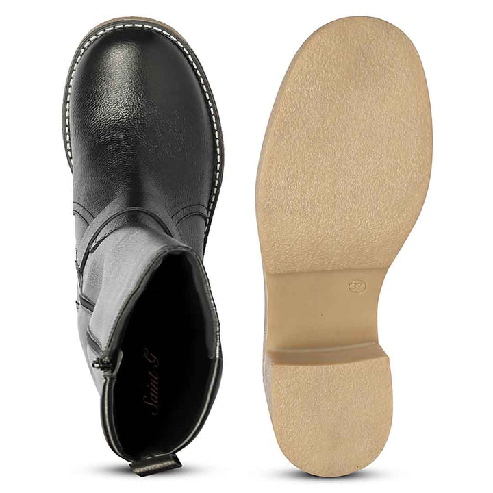 Saint Dahlia silver buckle black boots, interior and lug sole view