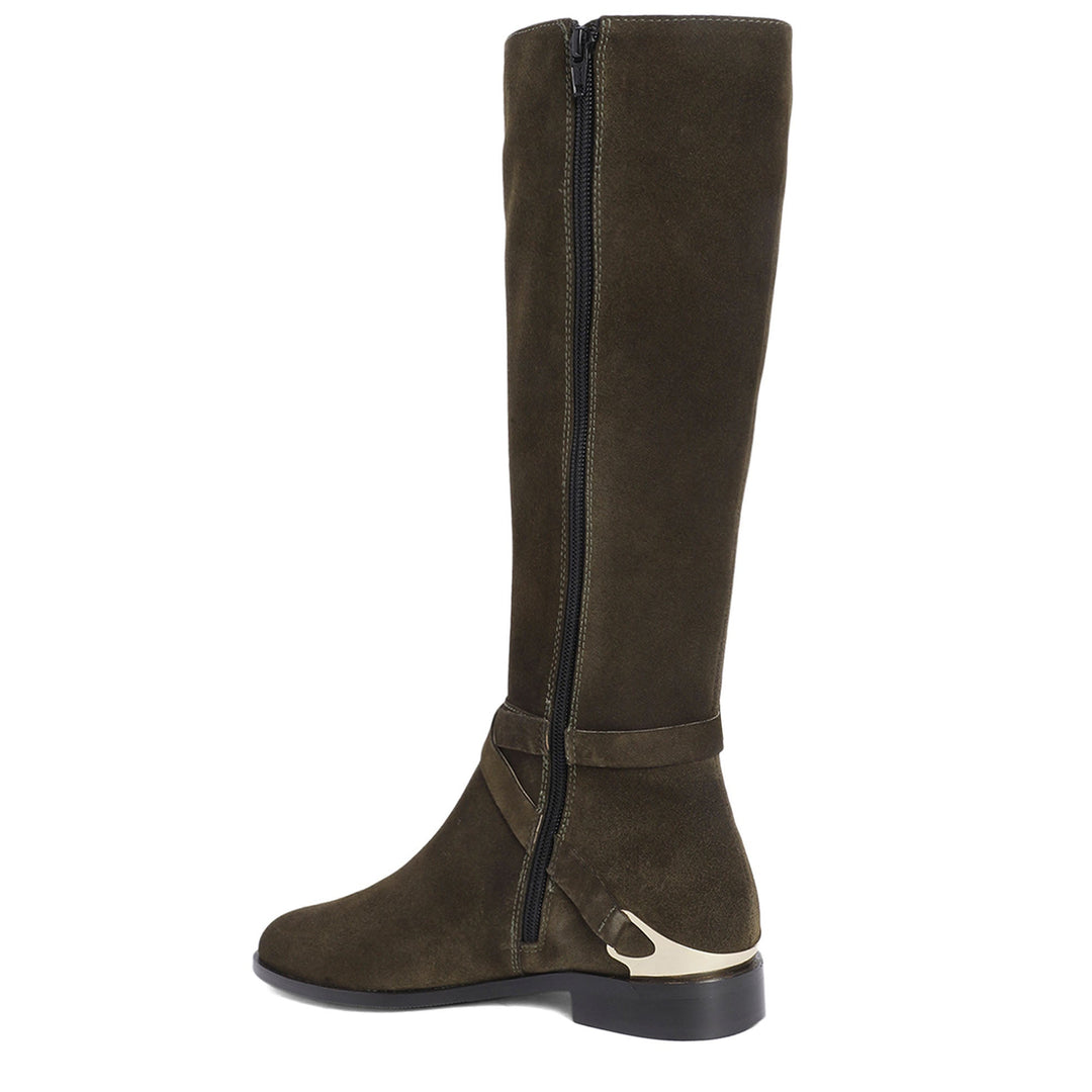 Women's olive suede knee high boots, angled back view of gold heel accent