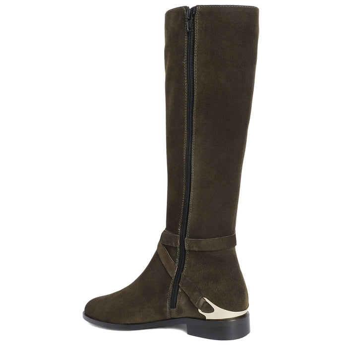 Women's olive suede knee high boots, angled back view of gold heel accent