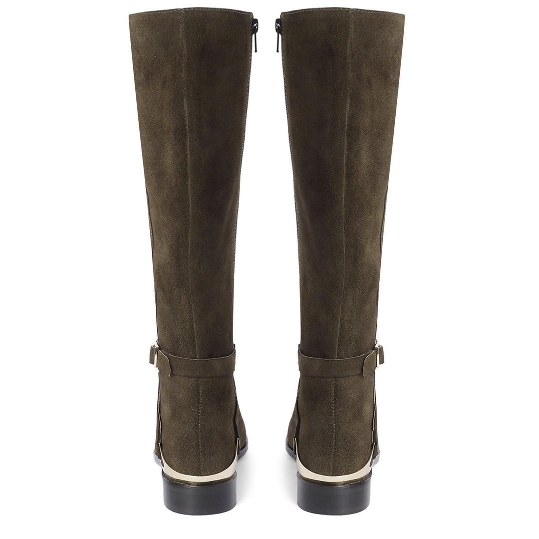 Saint Damaris olive suede knee high boots, back pair view showing buckle strap
