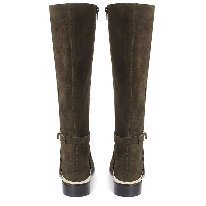 Saint Damaris olive suede knee high boots, back pair view showing buckle strap