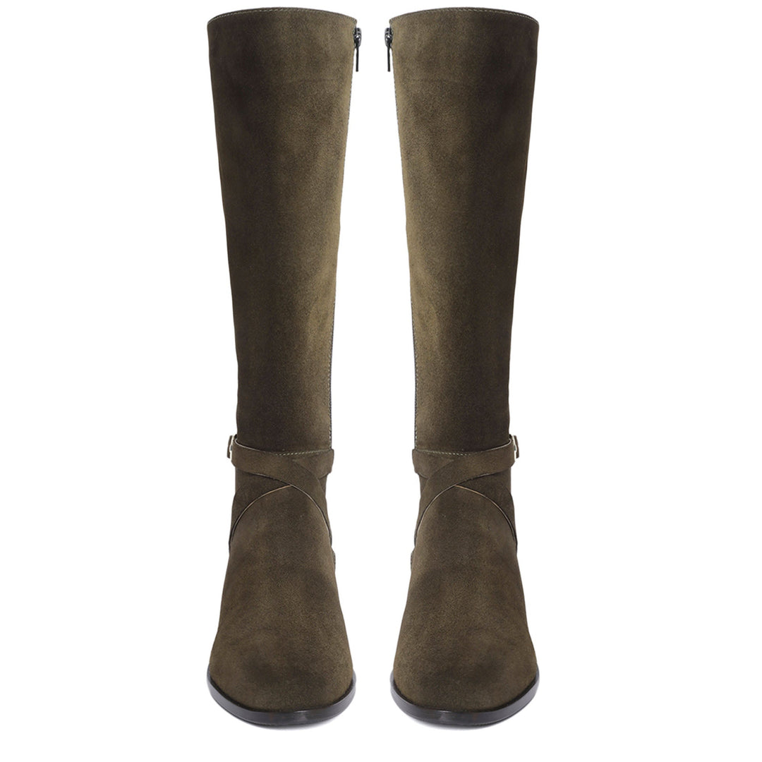 Saint Damaris olive suede knee high boots, straight-on front pair view