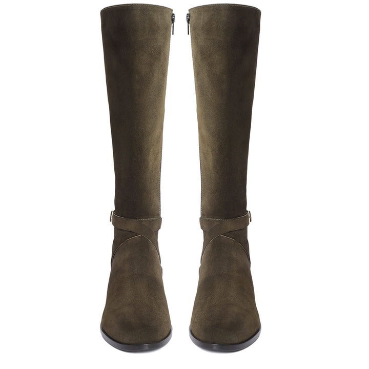 Saint Damaris olive suede knee high boots, straight-on front pair view