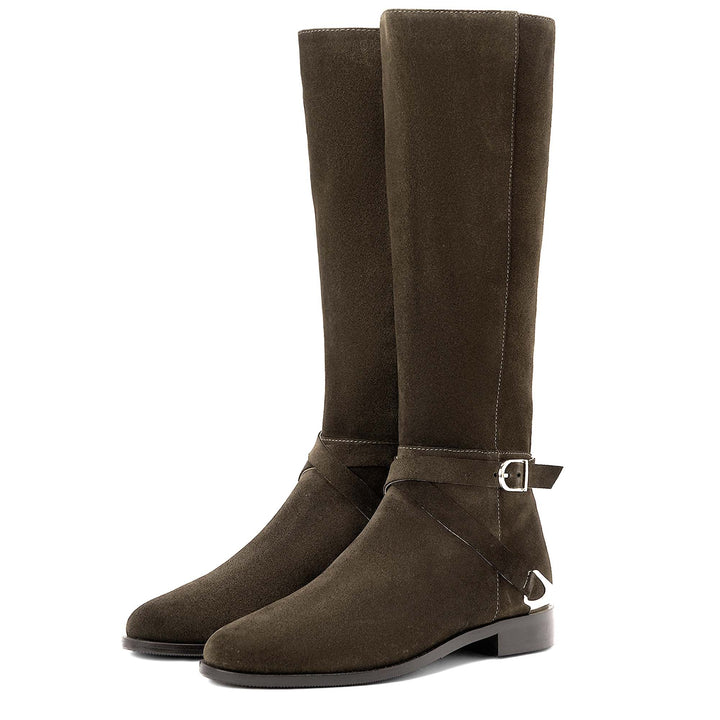 Women's olive suede knee high boots, front pair view of gold heel accent