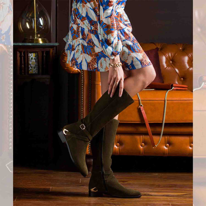Women's olive suede knee high boots by Saint Damaris, styled lifestyle shot