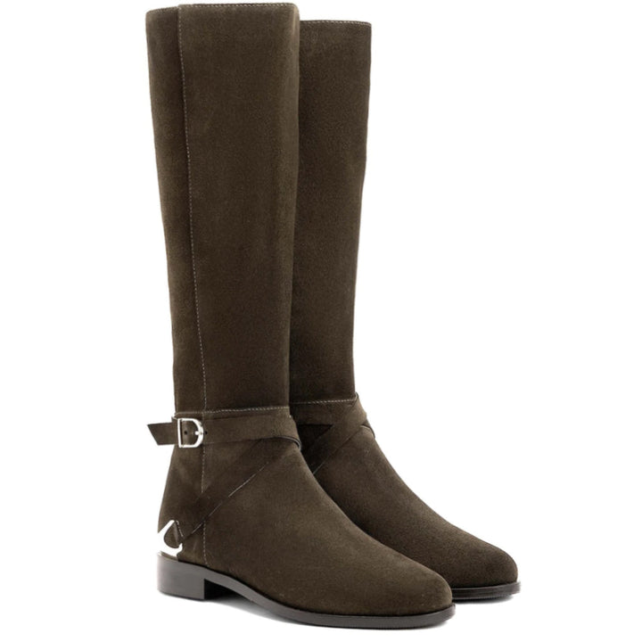 Olive suede knee high boots for women UK, pair view showing gold decorative heel accent