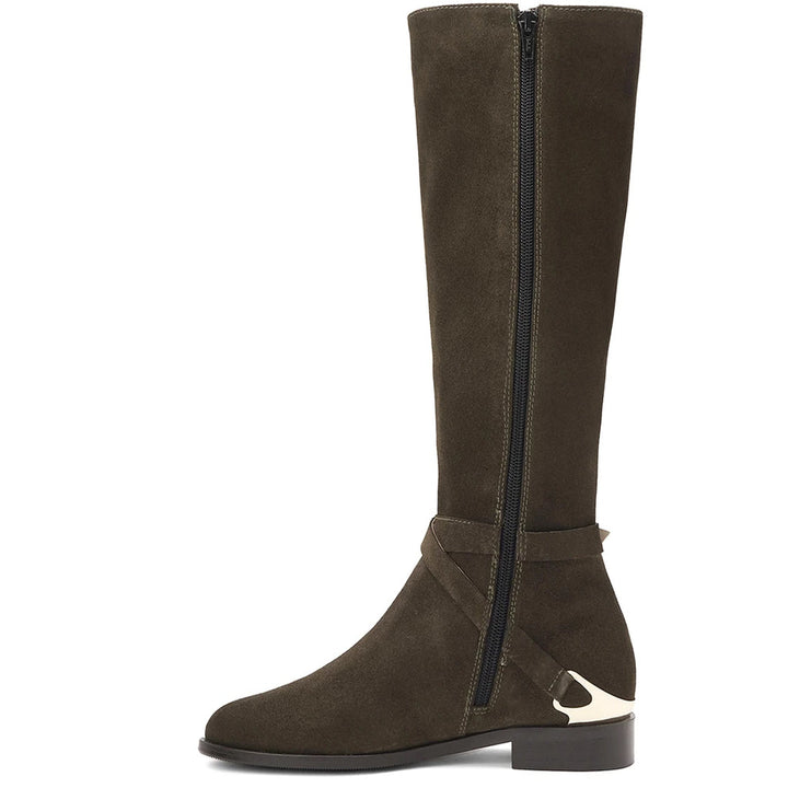Saint Damaris olive suede knee high boots, alternate side view of buckle strap